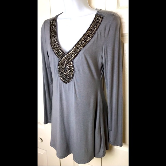BOSTON PROPER Embellished Neckline Blouse Shirt Top Gray Necklace Rhinestones - Picture 2 of 11